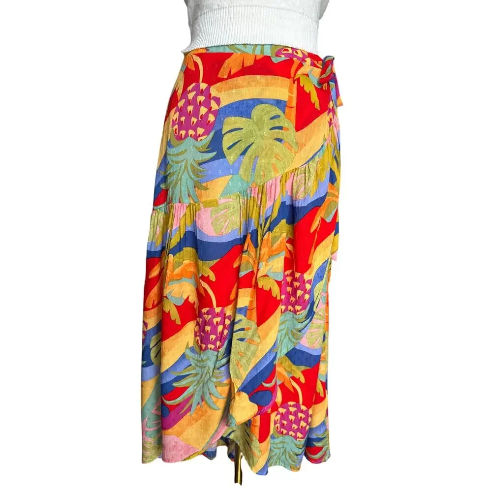 Christian Siriano Tropical Print Maxi Skirt Wrap Tie Colorful Boho Resort Medium